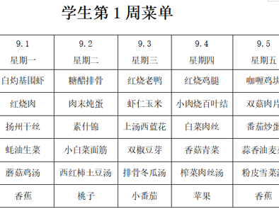 横泾实验小学2025~2026学年第一学期第1周菜单
