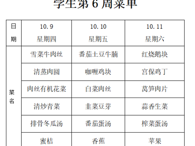 横泾实验小学2025~2026学年第一学期第6周菜单