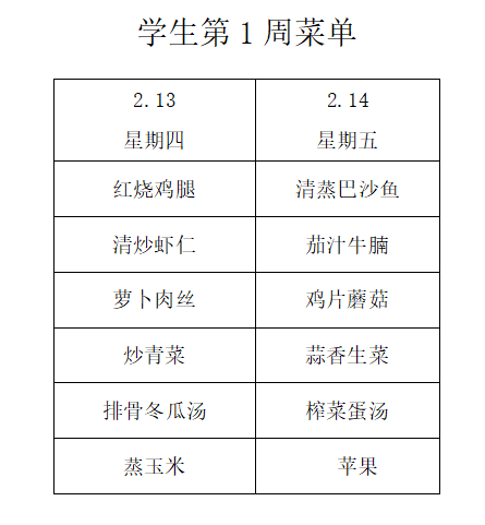横泾实验小学2024~2025学年第二学期第1周菜单