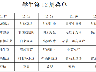 横泾实验小学2025~2026学年第一学期第12周菜单