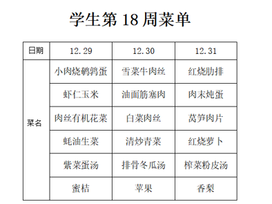 横泾实验小学2025~2026学年第一学期第18周菜单