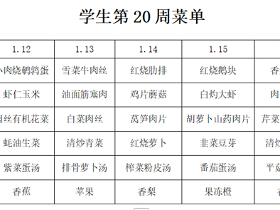 横泾实验小学2025~2026学年第一学期第20周菜单