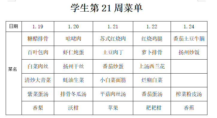 横泾实验小学2025~2026学年第一学期第21周菜单